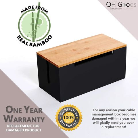 Large Bamboo Wood Cable Management Box Organizer to Hide Away All Your Messy Cords and Power Strips Under Desk or on the Floor Works Great as a Monitor Stand Riser for TV Router Computer and More in Sleek Black, shown in warranty image.