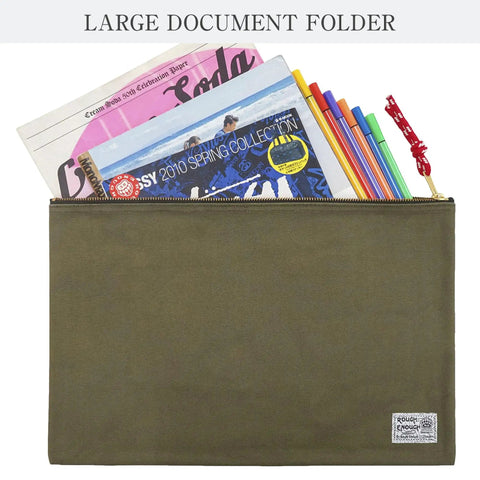 Heavy Duty Canvas Document Holder And Large File Folder Organizer Pouch For Legal And Letter Size Papers With Secure Zipper Closure, army green.