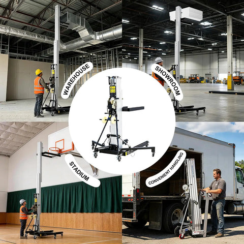 Heavy Duty Telescoping Aluminum Rigging Lift Tower With Manual Crank Winch Elevator For Construction And Stage Truss Setup Job Site Beast For HVAC Techs And Theater Pros Reaching Twenty Six Feet Tight Four Hundred Fifty Pound Payload in warehouse and showroom settings