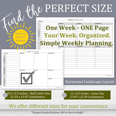 Weekly To Do List Planner Notepad For Stay On Top Pros And Busy Bees, featuring size options in horizontal layout