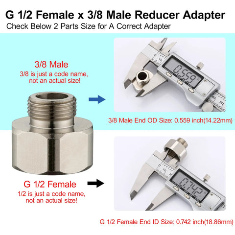 Half Inch Female To Three Eighths Inch Male Reducer Adapter Brass Pipe Fittings Water Hose Connector With Rubber Washer Compression Fitting For Kitchen And Bathroom Faucets Durable 2 Pack with size measurements