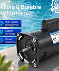 Heavy Duty 2 Hp 230V Pool Pump Motor With 56Y Frame And Square Flange For Smooth Single Run At 3450 Rpm showing motor and water background.