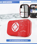Front view of mini travel first aid kit case, red waterproof EVA with white medical cross; inset shows opened compartments.
