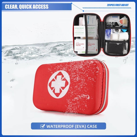 Front view of mini travel first aid kit case, red waterproof EVA with white medical cross; inset shows opened compartments.