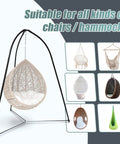 Heavy Duty Tripod Hammock Stand With 330 Lb Capacity shown with different swings, includes rust resistant steel frame and no wobble base.