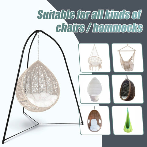 Heavy Duty Tripod Hammock Stand With 330 Lb Capacity shown with different swings, includes rust resistant steel frame and no wobble base.
