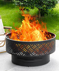 26-Inch Wood Burning Fire Pit Table With Grill And Lid For Outdoor Use, BBQ Ready Bonfire Pit With Modern Geometric Cutouts
