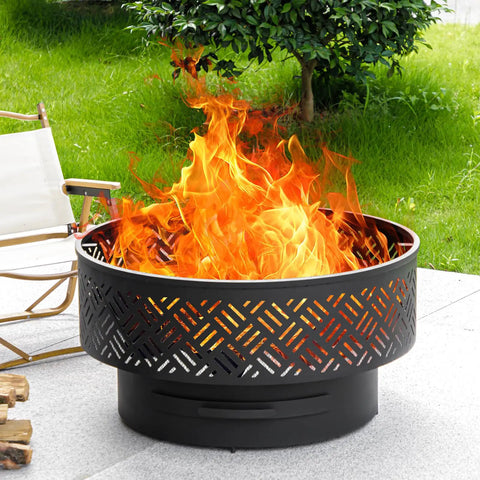 26-Inch Wood Burning Fire Pit Table With Grill And Lid For Outdoor Use, BBQ Ready Bonfire Pit With Modern Geometric Cutouts