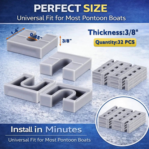 32 Piece Pontoon Fence Riser Kit For Pontoon Boat Rail Spacers Three Eighths Inch Nylon Gray Improve Water Flow Under Deck Prevent Pooling And Extend Boat Life shown with details on size, quantity, and material.