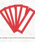 Double Sided Desk Nameplates And Bulletin Board Signs In Red And White Dots No Fuss Multi Purpose Classroom And Office Labels 3.5 By 12 Inch Desk Tags Easy To Use Pack Of 36 displayed in a fan-like arrangement