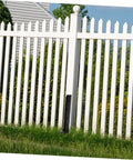 Two Pack Heavy Duty Fence Post Repair Stakes Versatile Ground Anchors For Wood Metal Or Vinyl Fence Posts Quick Fix For Tilted Or Broken Posts In The Garden Patio And Backyard installed on white vinyl fence in a backyard setting.