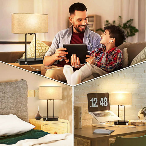 3-Way Dimmable Noiseless Touch Control Table Lamp With 2 USB Ports And AC Power Outlet on desk and nightstand