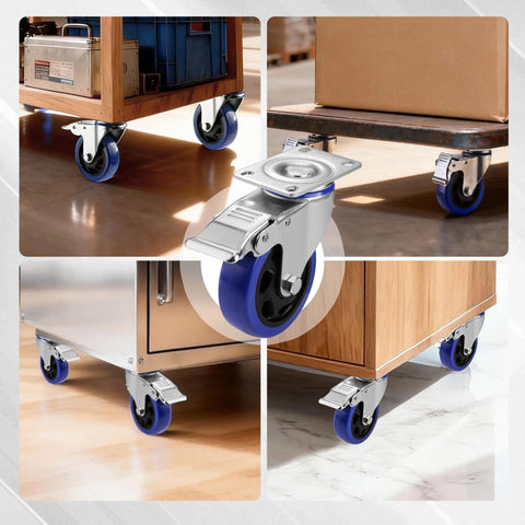 Workpro 4-inch swivel caster wheels with brakes; blue polyurethane wheels, set of 4.