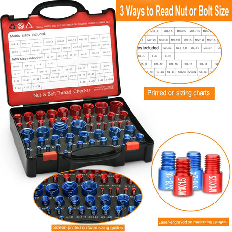 Front view of Amazon 55-piece nut and bolt thread checker set with metric and standard gauges in red and black case.