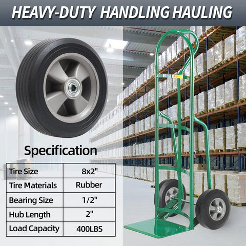 8 Inch Solid Rubber Flat Free Tire And Wheel with ball bearings on hand truck in warehouse setting