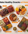 Flex Your Home Chef Skills With This Sick Twelve Tray Food Dehydrator That Lets You Bulk Up On Homemade Beef Jerky Dried Fruits Fresh Herbs And Crunchy Dog Chews Without The Hassle. Display of jerky, fruits, vegetables, herbs, and pet treats arranged on wooden trays.
