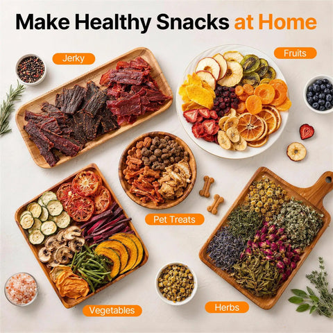 Flex Your Home Chef Skills With This Sick Twelve Tray Food Dehydrator That Lets You Bulk Up On Homemade Beef Jerky Dried Fruits Fresh Herbs And Crunchy Dog Chews Without The Hassle. Display of jerky, fruits, vegetables, herbs, and pet treats arranged on wooden trays.