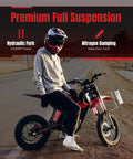Off Road Electric Dirt Bike For Teens And Adults With A 2600W Peak Motor, rider on dirt path showcasing full suspension