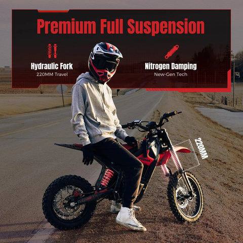 Off Road Electric Dirt Bike For Teens And Adults With A 2600W Peak Motor, rider on dirt path showcasing full suspension