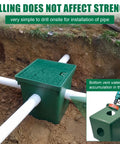 Heavy Duty 16X16X16 Inch Underground Splice Box With Solid Cover installed in trench with PVC pipes for cable management.