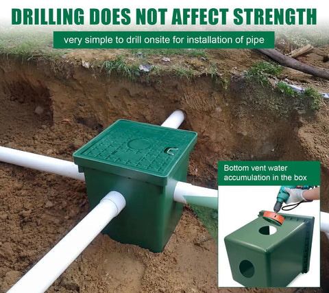 Heavy Duty 16X16X16 Inch Underground Splice Box With Solid Cover installed in trench with PVC pipes for cable management.