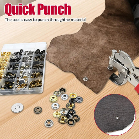 Heavy Duty Fastener Kit With 400 Pieces, 15 mm Canvas Snaps In 4 Colors, Built In Punch Tool For Leather and DIY Projects