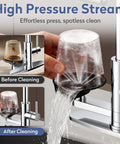 High-pressure stream from SINGSUO Pull Down Kitchen Faucet with Glass Rinser (Chrome) cleaning a dirty glass.