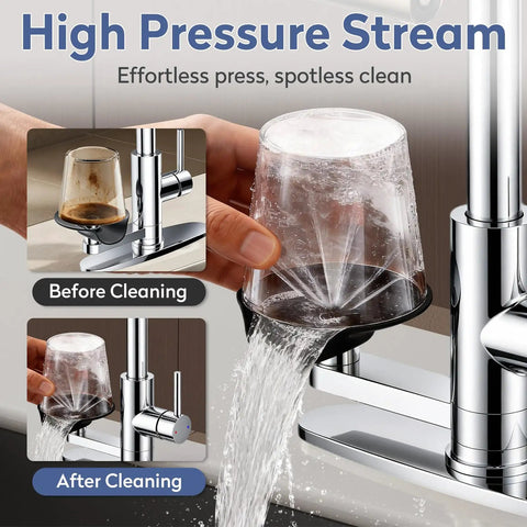 High-pressure stream from SINGSUO Pull Down Kitchen Faucet with Glass Rinser (Chrome) cleaning a dirty glass.