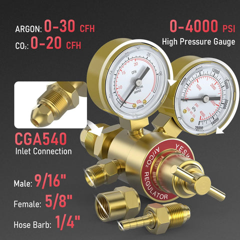 YESWELDER brass argon/CO2 regulator with dual gauges and 8.2ft hose, CGA540 inlet.