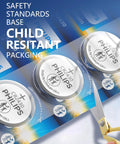 Cr2430 3V Lithium Button Cell Batteries Five Pack Featuring Child Resistant Packaging showing safety standards and cutting tool.