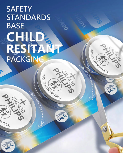 Cr2430 3V Lithium Button Cell Batteries Five Pack Featuring Child Resistant Packaging showing safety standards and cutting tool.