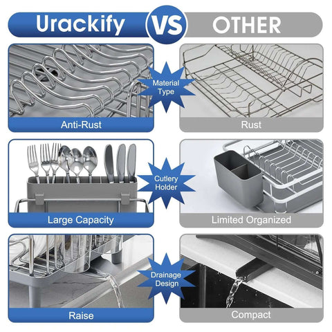 Comparison of premium stainless steel dish drying rack vs. other lower quality racks, highlighting rustproof material and large capacity.