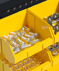 Close-up of yellow bins with screws and bolts, part of Wall Mounted Storage Bins For Garage Organizer 30 Piece Plastic Tool Bins In Black And Yellow Must Have Durable Heavy Duty Small Hardware Parts Organizer For Screws Nuts Bolts And Other Tiny Parts