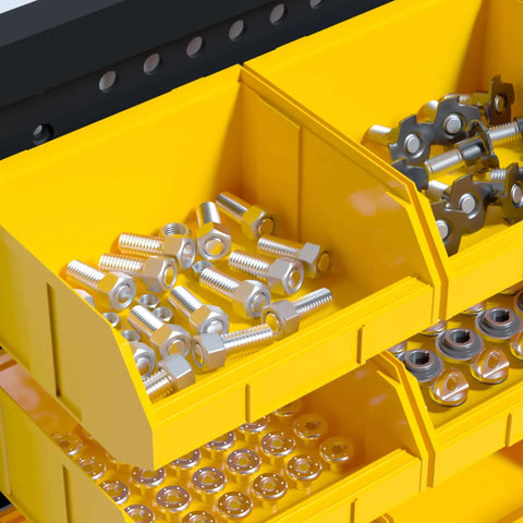 Close-up of yellow bins with screws and bolts, part of Wall Mounted Storage Bins For Garage Organizer 30 Piece Plastic Tool Bins In Black And Yellow Must Have Durable Heavy Duty Small Hardware Parts Organizer For Screws Nuts Bolts And Other Tiny Parts