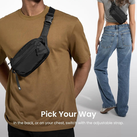 Man and woman wearing 1.5L Sling Bag With RFID Blocking, Crossbody Chest Pack, showing front and back styles, water-resistant.