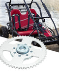 Go Kart Rear Sprocket Kit With 48 Tooth Sprocket, 8 Hole Hub, 1 Inch Bore, Quarter Inch Keyway, shown next to a go-kart