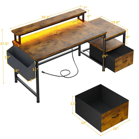 56.5 Inch Rustic Brown Office Desk With Drawers Printer Space And Filing Cabinet Shelves And Two Monitor Stand Perfect For Home Office Study And Gaming Setups