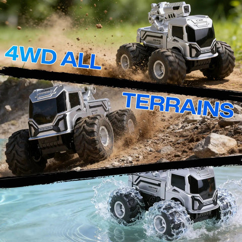 1:18 Amphibious RC Monster Car For Kids, 4WD Waterproof All Terrain Off Road Boat Stunt Vehicle on dirt and water surfaces