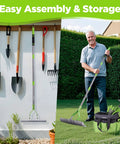 15 Inch Thatching Rake For Lawns With 5 Foot Handle Beefy Heavy Duty Dethatcher Rake Hanging on Wall, Man Assembling Rake