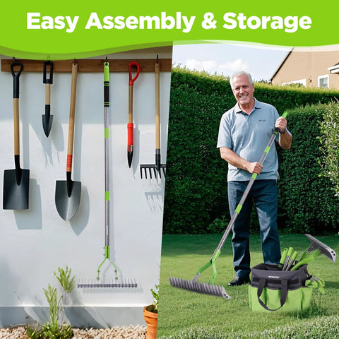 15 Inch Thatching Rake For Lawns With 5 Foot Handle Beefy Heavy Duty Dethatcher Rake Hanging on Wall, Man Assembling Rake