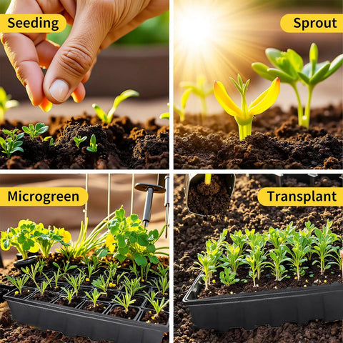 Seeding, sprout, microgreen, and transplant stages in Ten Pack No Drain Holes Seed Starter Trays Made From Durable Reusable Plastic.