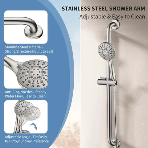 Slide Bar Shower System With Handheld Shower Head And Stainless Steel Grab Bar, Adjustable Height, Brushed Nickel Finish
