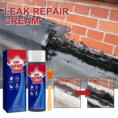 Flexible Waterproof Leak Repair Liquid Sealant That Beats Water On Roofs Walls Gutters And Concrete with brush and before-after images.