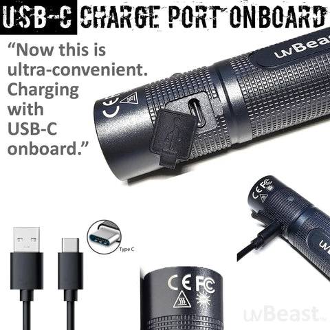 Charging port detail of V3 Mini 385-395Nm Black Light UV Flashlight For High Power Ultraviolet Detection Low Contamination Pro Grade.