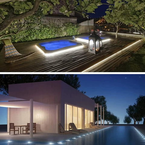 100Ft LED Rope Lights Outdoor With 720 LEDs illuminating a patio and pool area at night, showcasing flexible connectable tube lights.