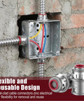Heavy Duty 3/8 Inch MC Cable Connectors For 14 12 And 10 Gauge Wire visible in a conduit box with flexible design.