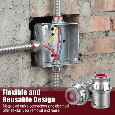 Heavy Duty 3/8 Inch MC Cable Connectors For 14 12 And 10 Gauge Wire visible in a conduit box with flexible design.