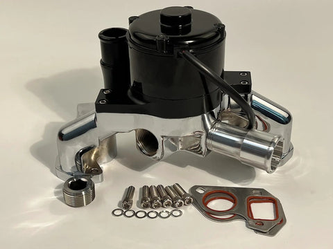 Badass High Flow Aluminum Electric Water Pump For Ls1 Ls2 Ls3 Ls6 Engines Featuring Chrome Polished Finish And Direct Bolt On Track Ready 35 Gpm Upgrade For Street Cars with installation hardware.