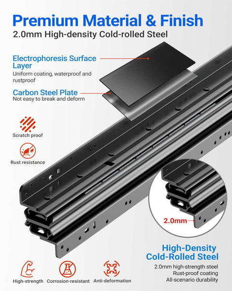 Close-up of bottom mount drawer slides go to heavy duty full extension rails 265 lbs capacity, black cold rolled steel detail.