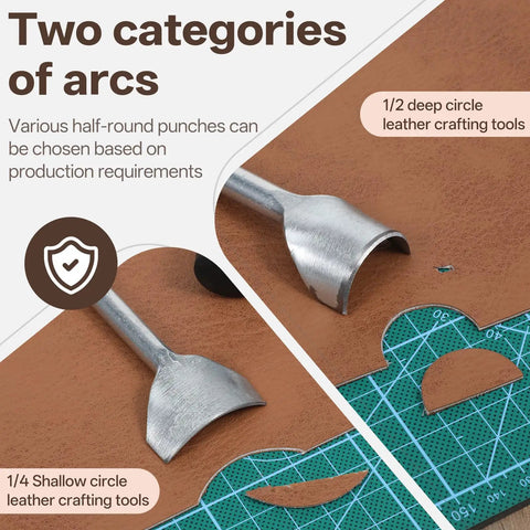Two leather punches from the 14 Sizes Leather Corner Punch Set With Half Round Punch And Rubber Hammer For DIY Leathercraft Belts Wallets Bags 10mm To 40mm Durable Alloy Steel Build.